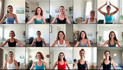 A collage of diverse individuals participating in virtual workout sessions from different locations, showcasing the inclusivity and convenience of FitFlow Virtual.