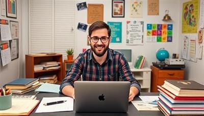 An enthusiastic niche tutor leading an engaging online class on a complex subject, surrounded by educational materials, visual aids, and digital tools, fostering a dynamic and enlightening learning environment.