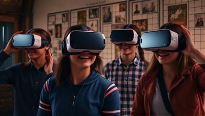 An intriguing visual of players wearing VR headsets, immersed in a digital escape room setting filled with puzzles and clues, showcasing the excitement and engagement of the virtual reality experience.