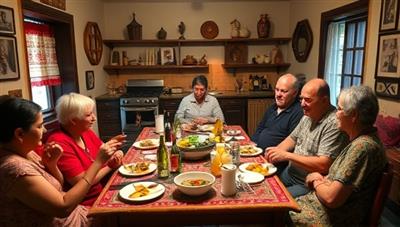 An intimate dining scene with guests and hosts sharing a traditional meal in a warmly decorated homestay kitchen, surrounded by cultural artifacts and vibrant textiles, fostering a sense of connection and cultural immersion through shared experiences.