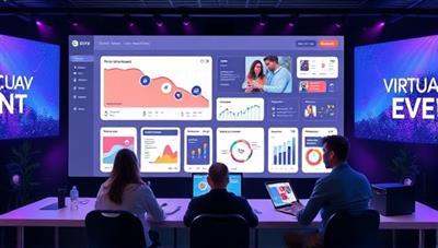 An imaginative visual representation of a virtual event planning dashboard, showcasing event layout designs, guest interaction features, and real-time analytics, with event planners collaborating in a virtual workspace to create seamless and engaging online events.