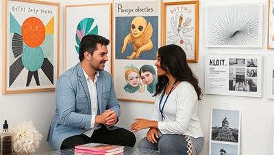 A digital mentorship portal displaying a mentor and mentee engaged in a creative project discussion, surrounded by inspirational artwork, design sketches, and photography prints, representing the collaborative and supportive nature of the mentorship platform.