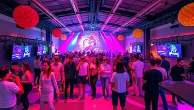 An immersive VR social event space with avatars mingling, dancing, and participating in virtual activities, surrounded by colorful decorations, music, and interactive elements, creating a vibrant and dynamic social gathering atmosphere in a virtual world.