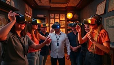 An intriguing visual of a group of players wearing VR headsets and interacting with digital clues and objects in a virtual room filled with mysteries and challenges, evoking the excitement and teamwork of the VR Escape Quest experience.