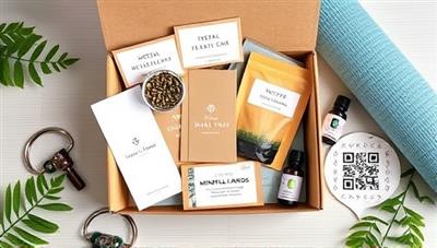 An aesthetically pleasing flat lay of a virtual wellness subscription box, featuring a variety of wellness products and resources, including a yoga mat, herbal tea blends, essential oils, mindfulness cards, and a digital QR code for accessing virtual wellness workshops, creating a visually appealing and enticing image that captures the essence of WellNest Delivered's virtual wellness subscription service.