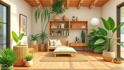 An eco-friendly digital haven showcasing sustainable home products, green technologies, and natural elements on a virtual eco-living platform, with renewable energy sources and eco-conscious lifestyle tips displayed on a tablet screen, promoting a harmonious and sustainable way of living in a virtual environment.