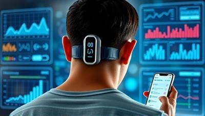An individual wearing a high-tech health monitoring device, surrounded by digital health data charts and wellness recommendations on a smart device, symbolizing the personalized and proactive approach of VitalTrack in health tracking and monitoring.
