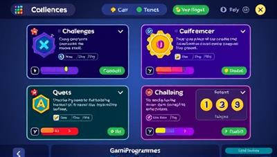 An interactive game interface displaying coding challenges and quests with colorful visuals, progress bars, and achievement badges, creating a gamified learning environment that motivates and engages aspiring programmers in their coding journey.