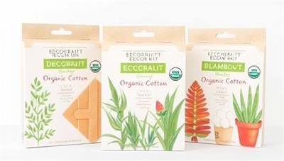 A set of beautifully packaged DIY home decor kits featuring natural materials like recycled paper, bamboo, and organic cotton, accompanied by vibrant plant illustrations, highlighting the eco-friendly and creative essence of EcoCraft Kits.