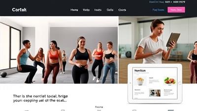 A sleek and modern website interface showcasing virtual workout sessions with a diverse group of people, a virtual coach leading a workout, and a nutrition guide displayed on a tablet, emphasizing convenience and inclusivity.