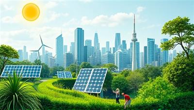 A visual representation of a green cityscape with renewable energy sources, lush greenery, and eco-conscious individuals participating in community clean-up activities, reflecting a sustainable and environmentally friendly insurance rewards program.