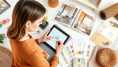 A virtual design studio setup with a designer sketching on a digital tablet, surrounded by color swatches, fabric samples, and decor magazines, creating an inspiring and creative atmosphere for remote design consultations and home decor brainstorming.