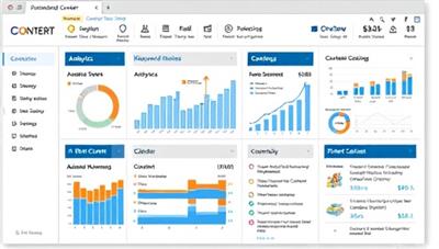 A dynamic visual of a content marketing dashboard displaying analytics, keyword research tools, and content calendars specifically designed for legal content creation, conveying professionalism, strategy, and innovation in online legal marketing services.