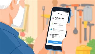 An illustration of a homeowner receiving a notification on their phone about a scheduled maintenance visit from FixFolio Care, with a background showing various maintenance tools and equipment, highlighting the convenience and reliability of the subscription service.