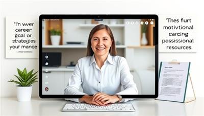 A virtual career coaching session with a coach discussing career goals and strategies with a client via video call, surrounded by motivational career quotes and professional development resources, conveying professionalism and guidance in career coaching.