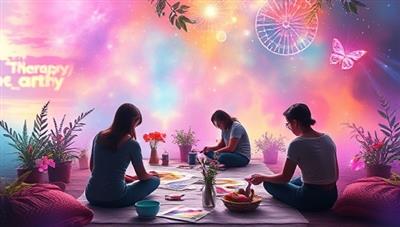 An ethereal digital space filled with vibrant colors and artistic expressions, showcasing individuals immersed in therapeutic art creation, surrounded by calming nature elements and inspirational quotes, evoking a sense of healing and self-discovery through art.