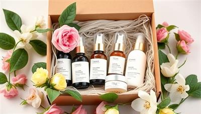 An elegant and sustainable beauty product subscription box filled with organic skincare items, surrounded by fresh flowers and greenery, evoking a sense of purity and luxury.