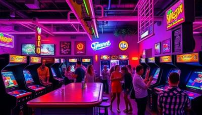 An energetic and colorful retro gaming lounge with neon lights, vintage arcade cabinets, a bar serving themed cocktails, and a lively crowd of gamers enjoying classic gaming sessions and socializing in a vibrant and nostalgic setting.