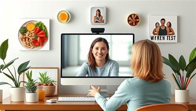 An artistic visualization of a virtual wellness coaching session where a coach and client are engaged in a video call, surrounded by images of healthy meals, workout routines, and motivational quotes, creating a supportive and inspiring virtual environment for personal growth and transformation.