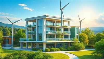 An artistic representation of a modern eco-friendly building with solar panels, green roofs, and energy-efficient features, surrounded by lush greenery and clean renewable energy sources, illustrating the concept of sustainable and environmentally conscious real estate development promoted by GreenSpace Advisors.