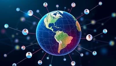 An engaging visual of a virtual globe surrounded by interconnected nodes representing freelancers and businesses, symbolizing the global reach and seamless connections facilitated by the SkillSync platform.