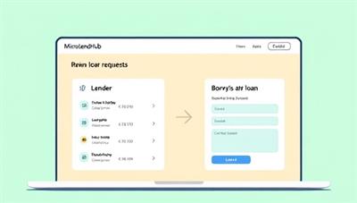 An illustration of a digital platform interface showing MicroLendHub, with a lender reviewing loan requests and a borrower completing a loan application, highlighting the simplicity and efficiency of the peer-to-peer lending process.