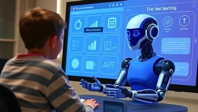 An AI tutor avatar interacting with a student on a digital interface, displaying personalized learning content and real-time adaptive feedback, illustrating the innovative and technology-driven approach to personalized tutoring.