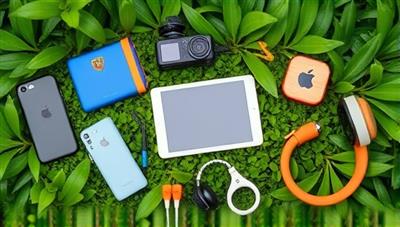 An array of stylish and colorful eco-friendly tech accessories arranged on a backdrop of lush greenery, emphasizing the blend of technology and sustainability in a visually appealing way.