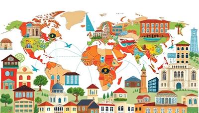 An artistic collage of diverse properties around the world, from cozy apartments to exotic villas, interconnected by travel routes and landmarks, symbolizing the global reach and unique offerings of the rental platform.