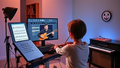 An online music lesson scenario where a virtual music instructor guides a student through instrument practice, music theory concepts, and interactive exercises, creating a harmonious and inspiring learning environment within the virtual world of HarmonyHub Virtual, fostering a love for music and skill development.