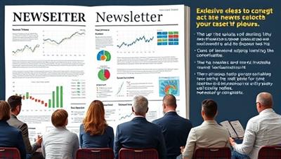 A sophisticated newsletter layout featuring financial charts, investment recommendations, and expert insights, with a diverse group of subscribers reading and discussing the latest financial trends and market analyses, symbolizing exclusive access to valuable financial information and expertise.
