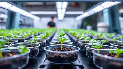 A modern, sleek lab setup with tiny plantlets growing in petri dishes under LED grow lights, conveying innovation and precision in plant propagation.