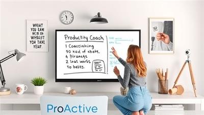 A virtual workspace setup displaying a coaching session in progress with a productivity coach guiding a client through remote work strategies on a digital whiteboard, surrounded by motivational quotes and productivity tools, symbolizing efficiency and growth in virtual work performance at ProActive Remote.