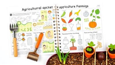 A colorful and engaging activity booklet filled with agricultural-themed puzzles, experiments, and illustrations, alongside miniature farming tools and seeds for planting, sparking curiosity and excitement for learning about agriculture.