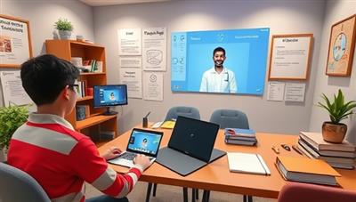A virtual study room environment showcasing a student interacting with a digital tutor avatar, accessing study materials, solving practice questions, and engaging in interactive learning activities, highlighting the personalized and tech-savvy tutoring experience provided by SmartStudyHub.