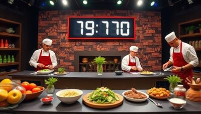 An exciting online cooking competition setup with a timer counting down, fresh ingredients displayed, and chefs in action cooking up delicious dishes, creating a vibrant and competitive culinary atmosphere.