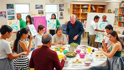 A vibrant workshop setting with diverse participants engaging in different activities like painting, cooking, and crafting, showcasing a lively and inclusive learning environment filled with creativity and collaboration.