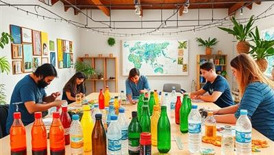 An interactive image displaying a workshop setting with participants creatively upcycling plastic bottles, containers, and packaging materials into colorful artworks and functional objects, surrounded by a vibrant and eco-friendly atmosphere that promotes sustainability and hands-on learning.