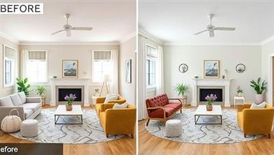 An inviting virtual room design with before-and-after visuals, showcasing the transformative impact of a virtual interior design consultation on a space, highlighting style, functionality, and creativity.