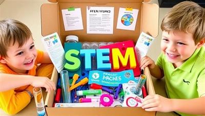 A colorful and engaging STEM activity box filled with test tubes, magnets, gears, and experiment instructions, surrounded by happy and curious children exploring the contents, showcasing hands-on learning and fun educational experiences.