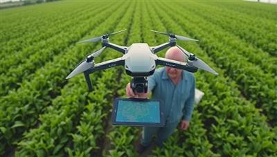 Aerial view of a lush green farm field with a drone hovering above, capturing detailed crop data, with a farmer analyzing the drone's live feed on a tablet, illustrating the precision and efficiency of drone-based agriculture services.
