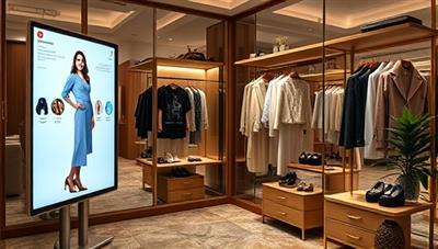 An elegant virtual dressing room setup with a virtual stylist presenting outfit options on a digital screen, a rack of designer clothes, and accessories, creating a luxurious and personalized fashion consultation experience for users seeking expert style advice and wardrobe updates.