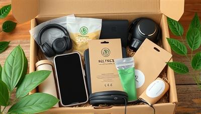 An assortment of eco-friendly tech accessories arranged in a beautifully designed subscription box, with natural elements like leaves and recycled paper as decor, conveying sustainability and modernity.