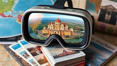An immersive VR headset displaying a virtual travel destination with stunning landscapes, iconic landmarks, and cultural insights, surrounded by travel memorabilia and guidebooks, inviting users to embark on a virtual journey of exploration and discovery.