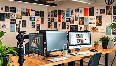 A creative workspace with designers working on sleek computers, surrounded by colorful mood boards and cameras, capturing the essence of a dynamic and innovative content creation agency environment.