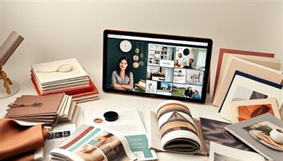 An aesthetically pleasing virtual interior design consultation session with a designer presenting mood boards and design concepts on a digital platform, surrounded by fabric swatches, paint samples, and home decor catalogs, creating a stylish and inspirational design atmosphere.
