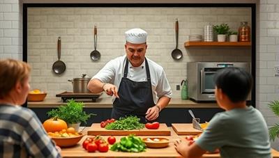 An online cooking class setup featuring a chef demonstrating a cooking technique while engaging with virtual students, creating a dynamic and immersive culinary learning environment.