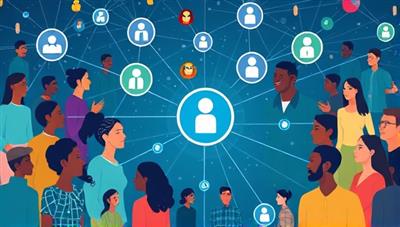 A vibrant digital illustration showcasing diverse individuals connecting virtually through a network of insurance coverage nodes, symbolizing community-driven protection and support.