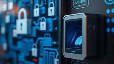 A biometric fingerprint scanner connected to a secure data server, with digital locks and encryption symbols in the background, depicting the advanced security measures and protection offered by BioGuard to small businesses.