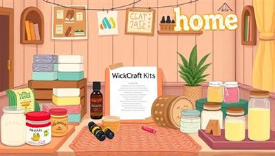 An illustration of a cozy crafting corner with WickCraft Kits' candle making supplies neatly arranged, featuring colorful wax blocks, essential oils, and decorative jars, highlighting the creative and therapeutic aspects of candle crafting at home.